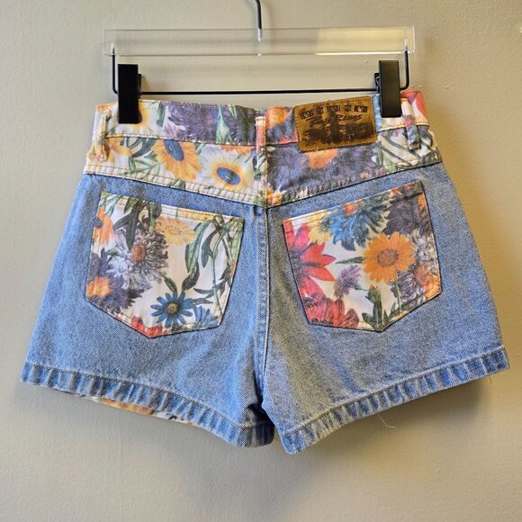 Vintage Paris Blues Floral Denim High-Waisted Retro Soft Girl Shorts 27 Rare - Picture 2 of 8